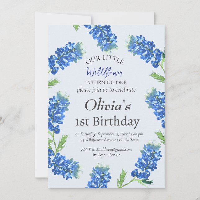 Bluebonnets 1st First Birthday Blue Floral  Invitation (Front)