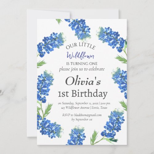 Bluebonnets 1st First Birthday Blue Floral  Invitation