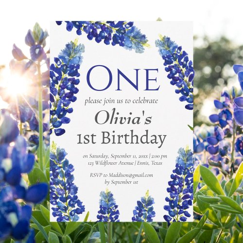 Bluebonnets 1st First Birthday Blue Floral  Invitation