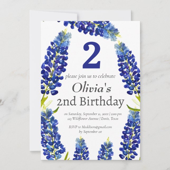 Bluebonnets 2nd Second Birthday Blue Floral  Invitation (Front)