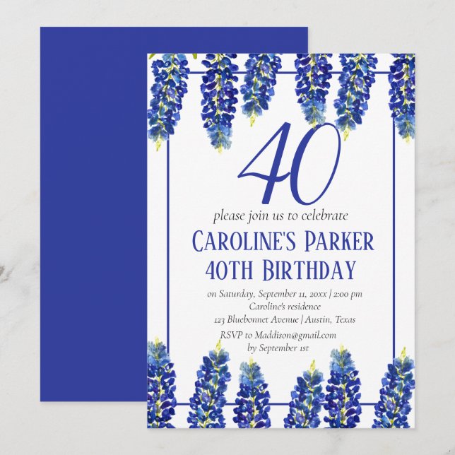 Bluebonnets 40th Birthday Blue Floral Texas Invitation (Front/Back)