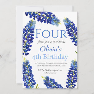 Bluebonnets 4th Birthday Blue Girl Floral  Invitation