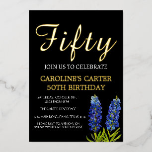Bluebonnets 50th Birthday Blue Gold Chic Glam Foil Invitation