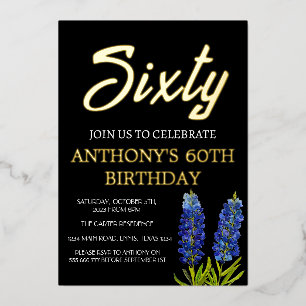 Bluebonnets 60th Birthday Black Gold Foil Texas Invitation