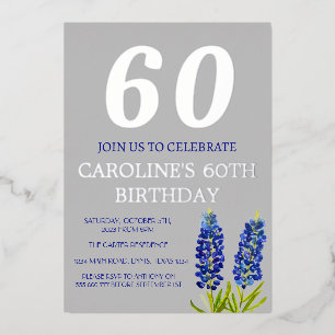 Bluebonnets 60th Birthday Blue Floral Texas Gold Foil Invitation