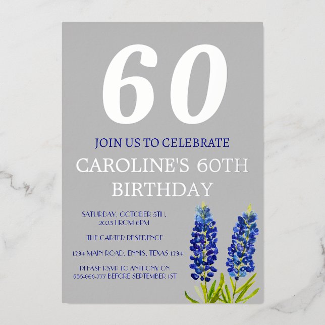 Bluebonnets 60th Birthday Blue Floral Texas Gold Foil Invitation (Front)