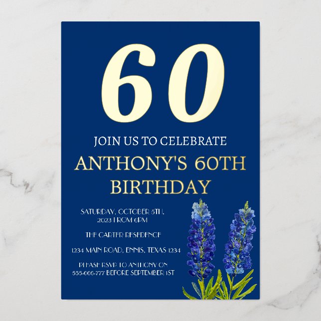 Bluebonnets 60th Birthday Blue Gold Foil QR Code Foil Invitation (Front)