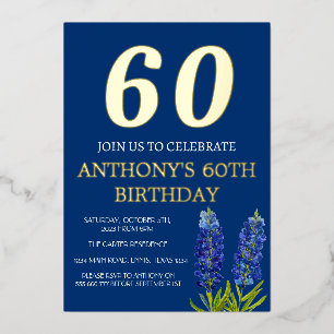 Bluebonnets 60th Birthday Blue Gold Foil QR Code Invitation