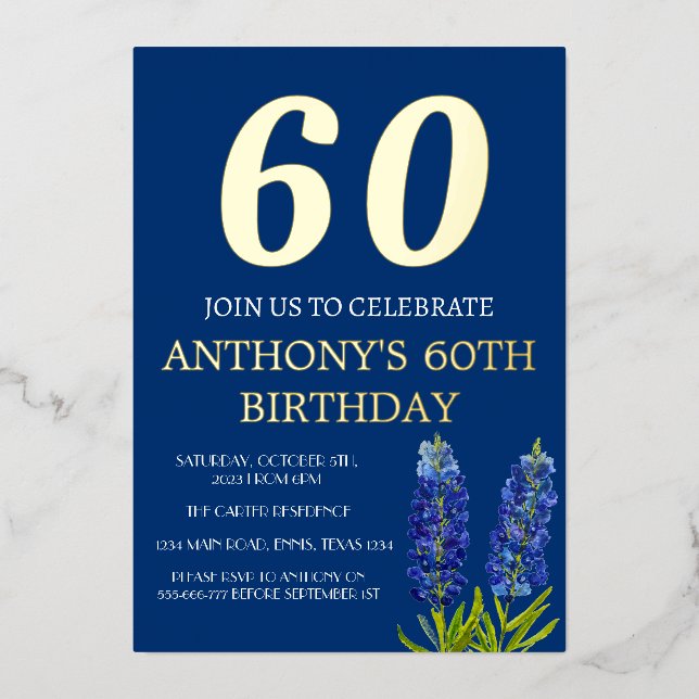 Bluebonnets 60th Birthday Blue Gold Foil QR Code Invitation (Front)