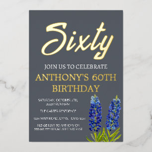 Bluebonnets 60th Birthday Navy Blue Gold Texas Foil Invitation
