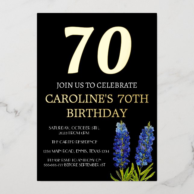 Bluebonnets 70th Birthday Blue Gold Chic Glam Foil Invitation (Front)