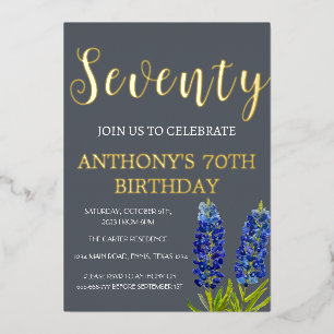 Bluebonnets 70th Birthday Navy Blue Gold Texas Foil Invitation