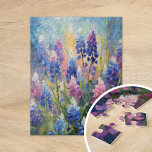 Bluebonnets Abstract Floral Art Jigsaw Puzzle<br><div class="desc">A modern impressionist-style painting of bluebonnets, the iconic Texas wildflower, rendered in stunning blue and purple hues with abstract brushstrokes. The expressive strokes and vibrant colors capture the natural beauty and grace of these blooms, creating a lively and textured interpretation of the Texas landscape. This contemporary piece is both bold...</div>