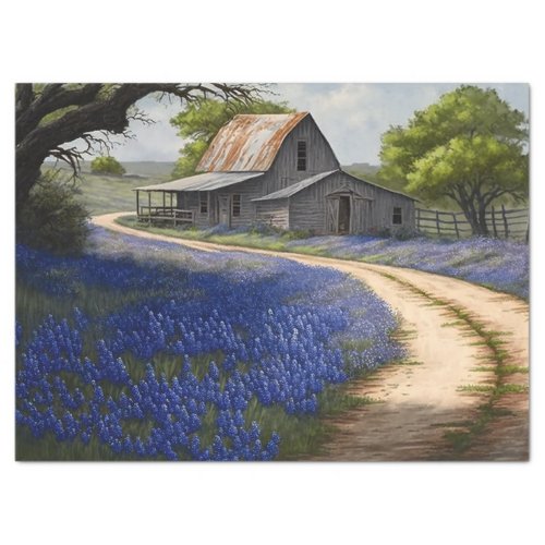 Bluebonnets and Old Barn in Texas Decoupage Tissue Paper