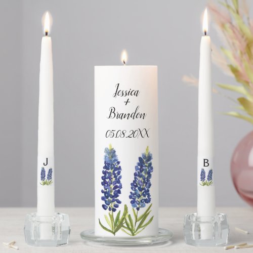 Bluebonnets Blue Couple Watercolor Floral Monogram Unity Candle Set