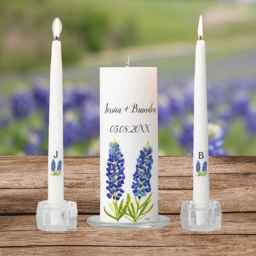 Bluebonnets Blue Couple Watercolor Floral Monogram Unity Candle Set