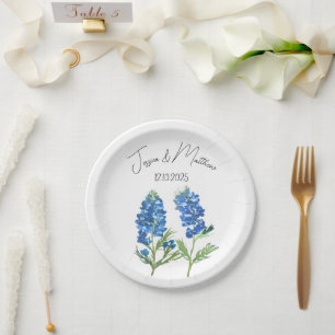 Bluebonnets Blue floral Boho Watercolor Weddings Paper Plates