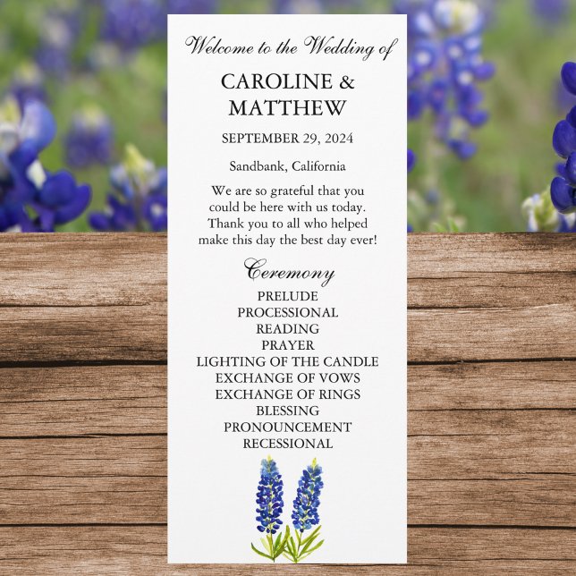 Bluebonnets Blue Floral Elegant Modern Wedding  Program (Creator Uploaded)