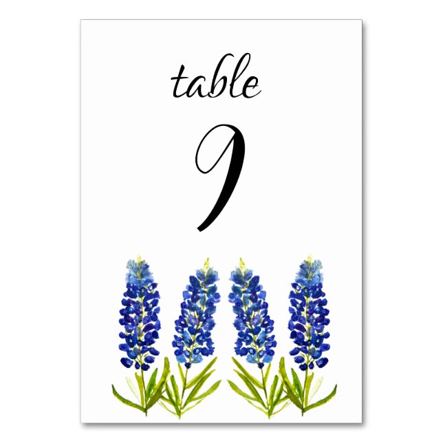 Bluebonnets Blue Floral Texas Flowers Wedding Table Number (Front)