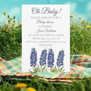 Bluebonnets Blue Floral Watercolor Texas Baby boy Invitation