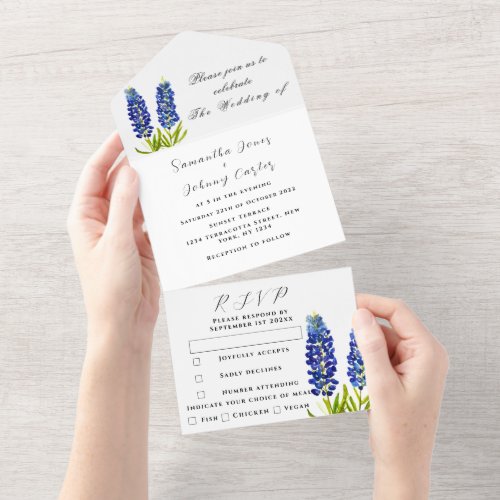 Bluebonnets Blue Wildflower Floral Lupin Wedding All In One Invitation