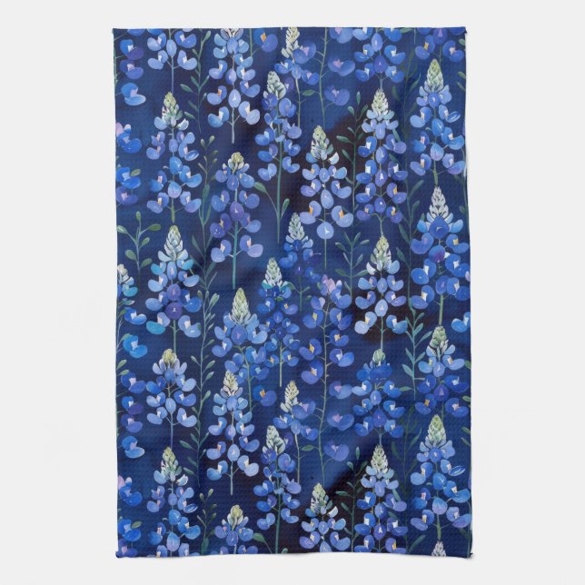 Bluebonnets - Dark Blue Texas Flowers Kitchen Towel (Vertical)