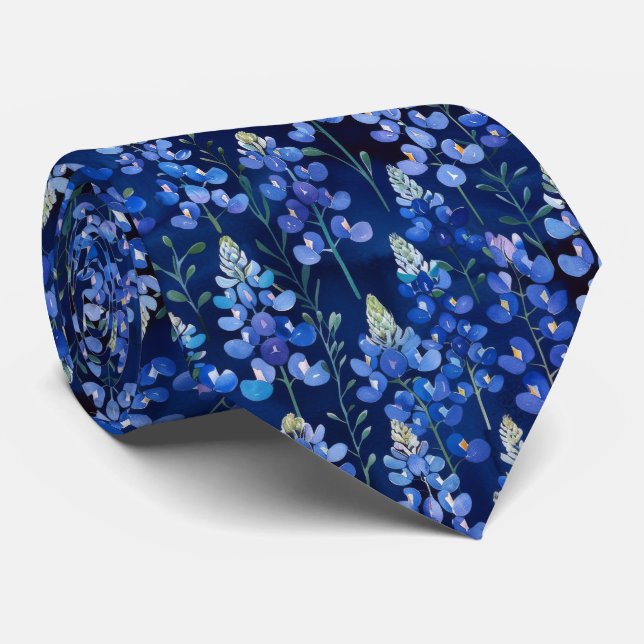 Bluebonnets - Dark Blue Texas Flowers Neck Tie (Rolled)