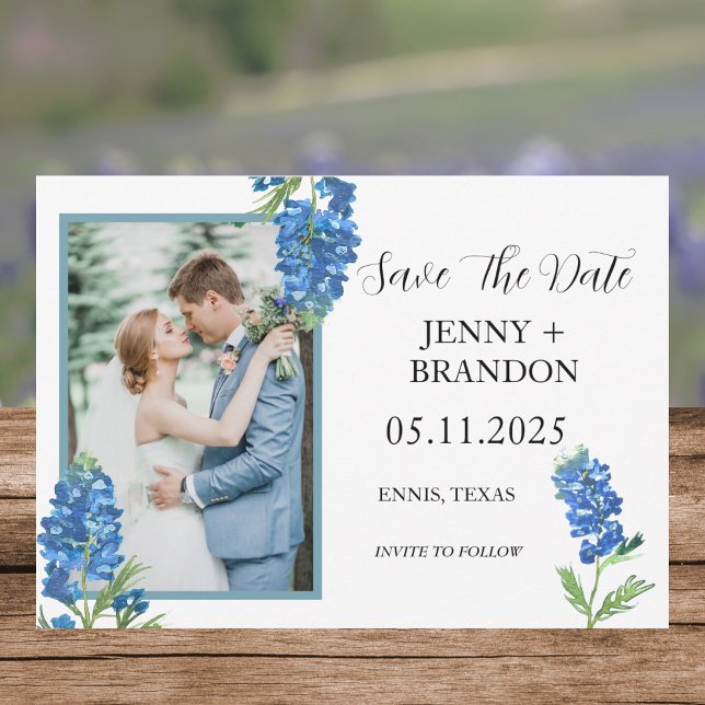 Bluebonnets Elegant Modern Blue Floral Photo  Save The Date (Creator Uploaded)