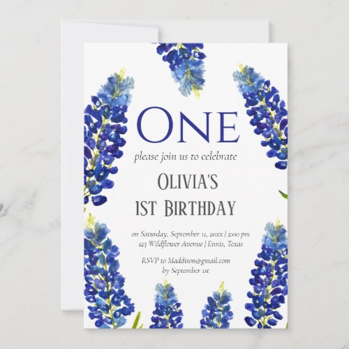 Bluebonnets First Birthday Blue Floral Birthday  Invitation