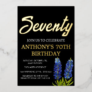 Bluebonnets Floral 70th Birthday Black Gold Texas Foil Invitation