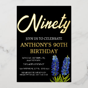 Bluebonnets Floral 90th Birthday Black Gold Texas Foil Invitation