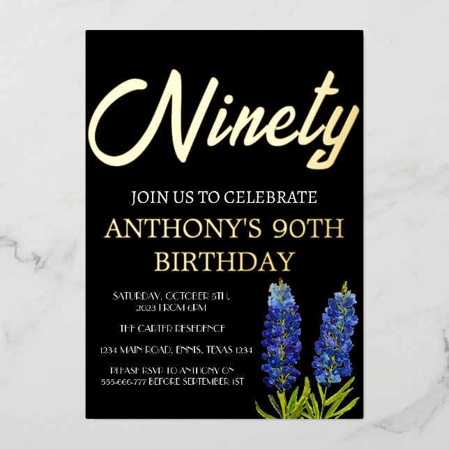 Bluebonnets Floral 90th Birthday Black Gold Texas Foil Invitation (Front)