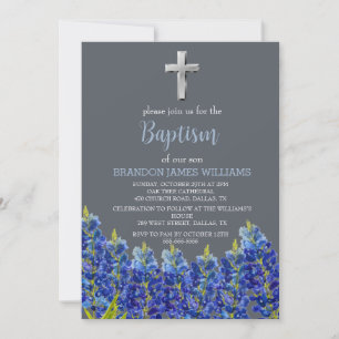 Bluebonnets Floral Dusty Blue Cross Baptism  Invitation