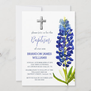 Bluebonnets Floral Dusty Blue Cross Baptism  Invitation