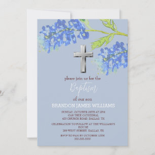 Bluebonnets Floral Dusty Blue Cross Baptism  Invitation