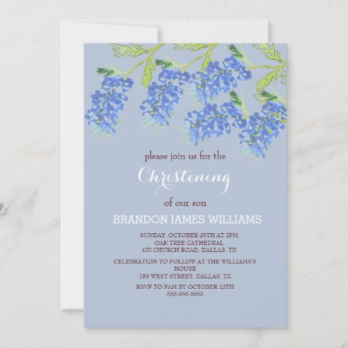 Bluebonnets Floral Gold Dusty Blue Cross Baptism  Invitation