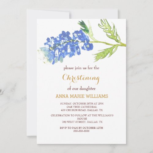 Bluebonnets Floral Gold Wildflower Cross Baptism  Invitation