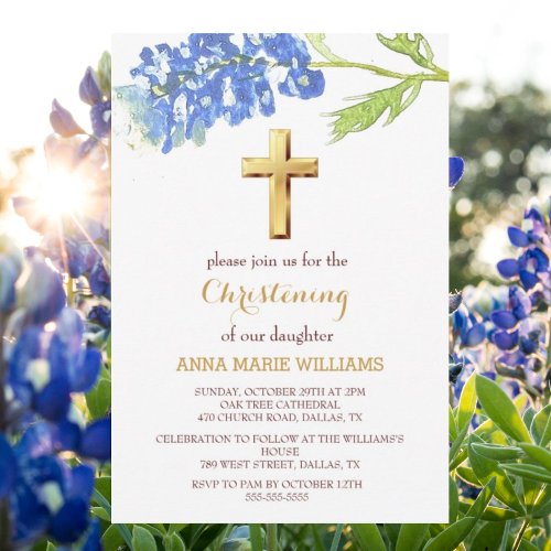 Bluebonnets Floral Gold Wildflower Cross Baptism  Invitation