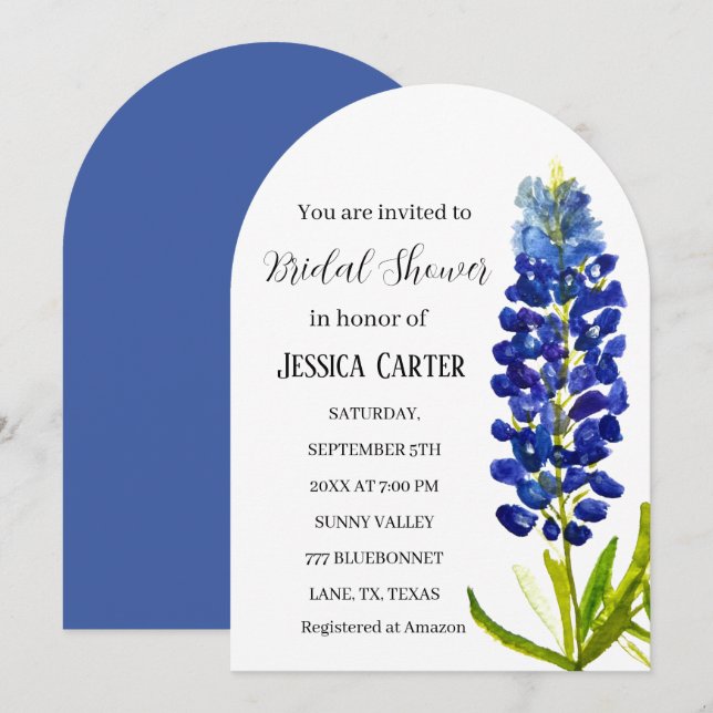 Bluebonnets Floral Watercolor Boho Bridal Shower  Invitation (Front/Back)
