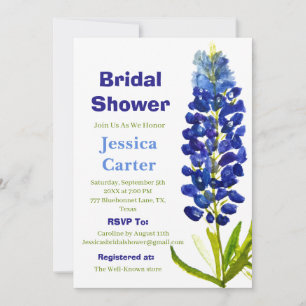 Bluebonnets Floral Watercolor Boho Bridal Shower Invitation