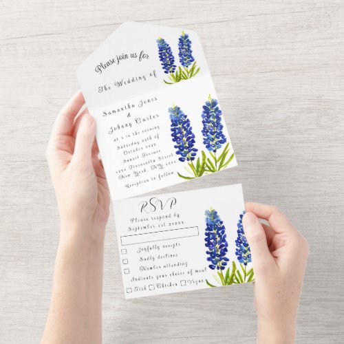 Bluebonnets Lupine Blue Watercolor Texas Wedding  All In One Invitation