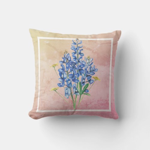 Bluebonnets on Pink Background Throw Pillow