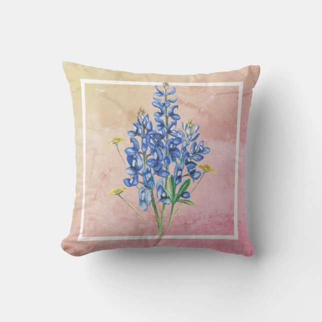 Bluebonnets on Pink Background Throw Pillow (Front)