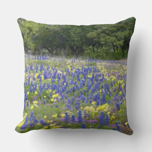 Bluebonnets, primrose, and phlox throw pillow (Front)