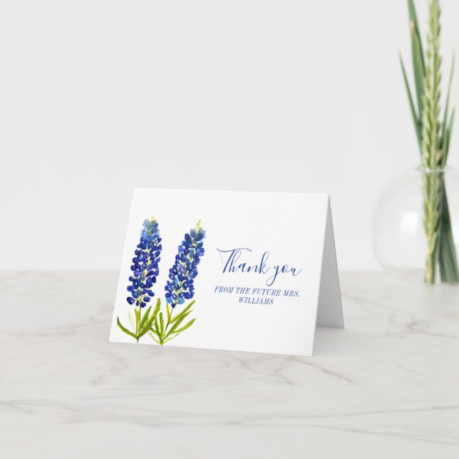 Bluebonnets Texas Blue Floral Bridal Shower Thank You Card (Front)