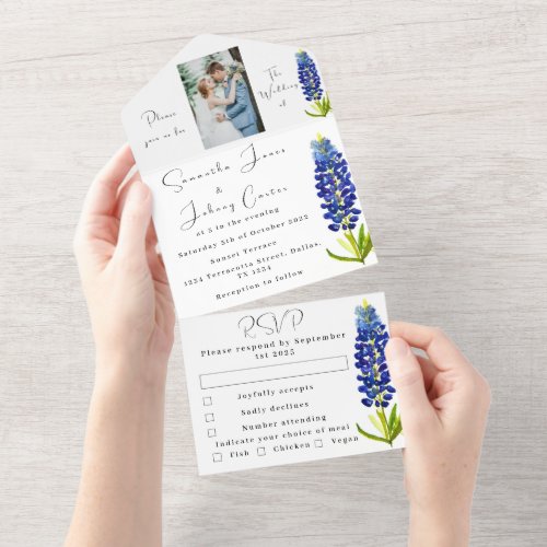Bluebonnets Texas Blue Floral Photo Wedding All In One Invitation