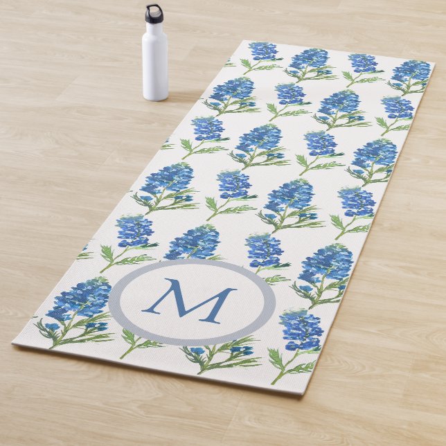 Bluebonnets Texas Blue Floral Watercolor pattern Yoga Mat (In Situ)