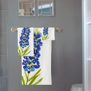Bluebonnets Texas State Blue Flowers Watercolor Bath Towel Set