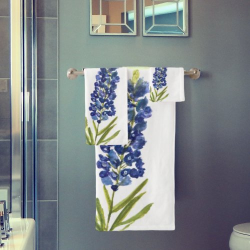 Bluebonnets Texas State Blue Flowers Watercolor Bath Towel Set