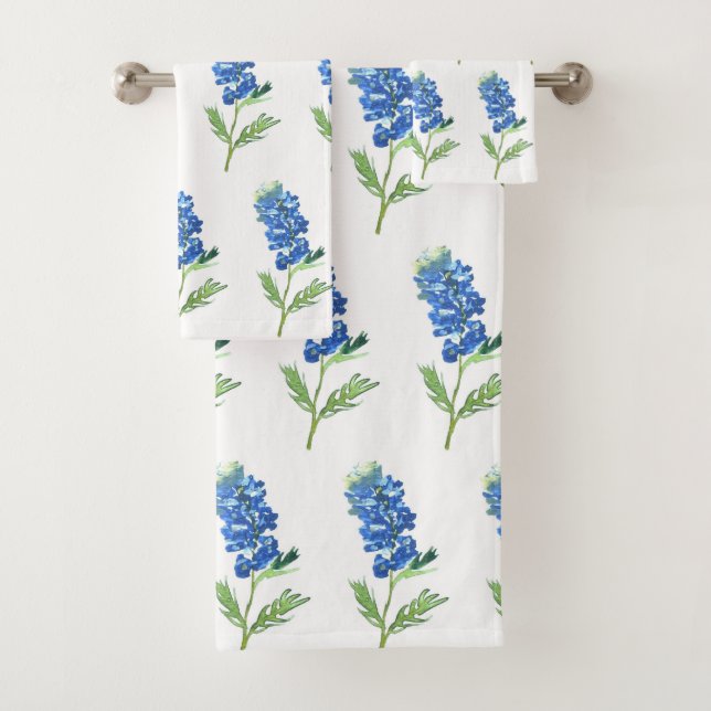 Bluebonnets Texas State Blue Flowers Watercolor Bath Towel Set (Insitu)